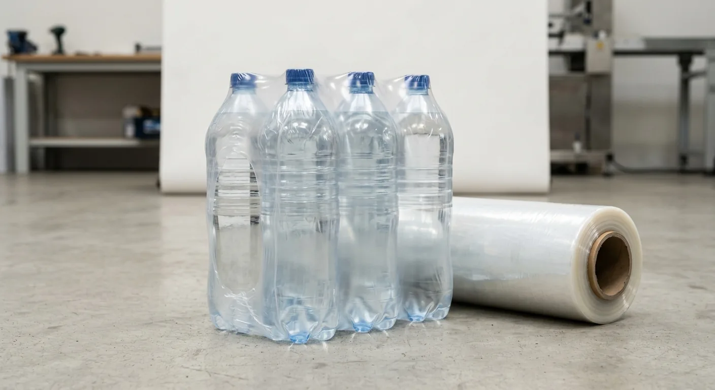 Pack de six bouteilles d'eau sous film rétractable PE transparent avec bobine