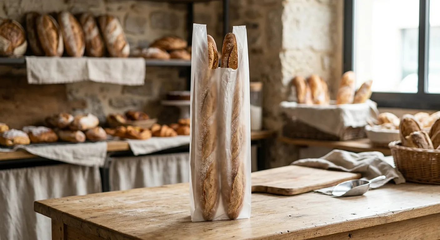 Sac à bretelles long pour le pain contenant deux baguettes parisiennes en boulangerie