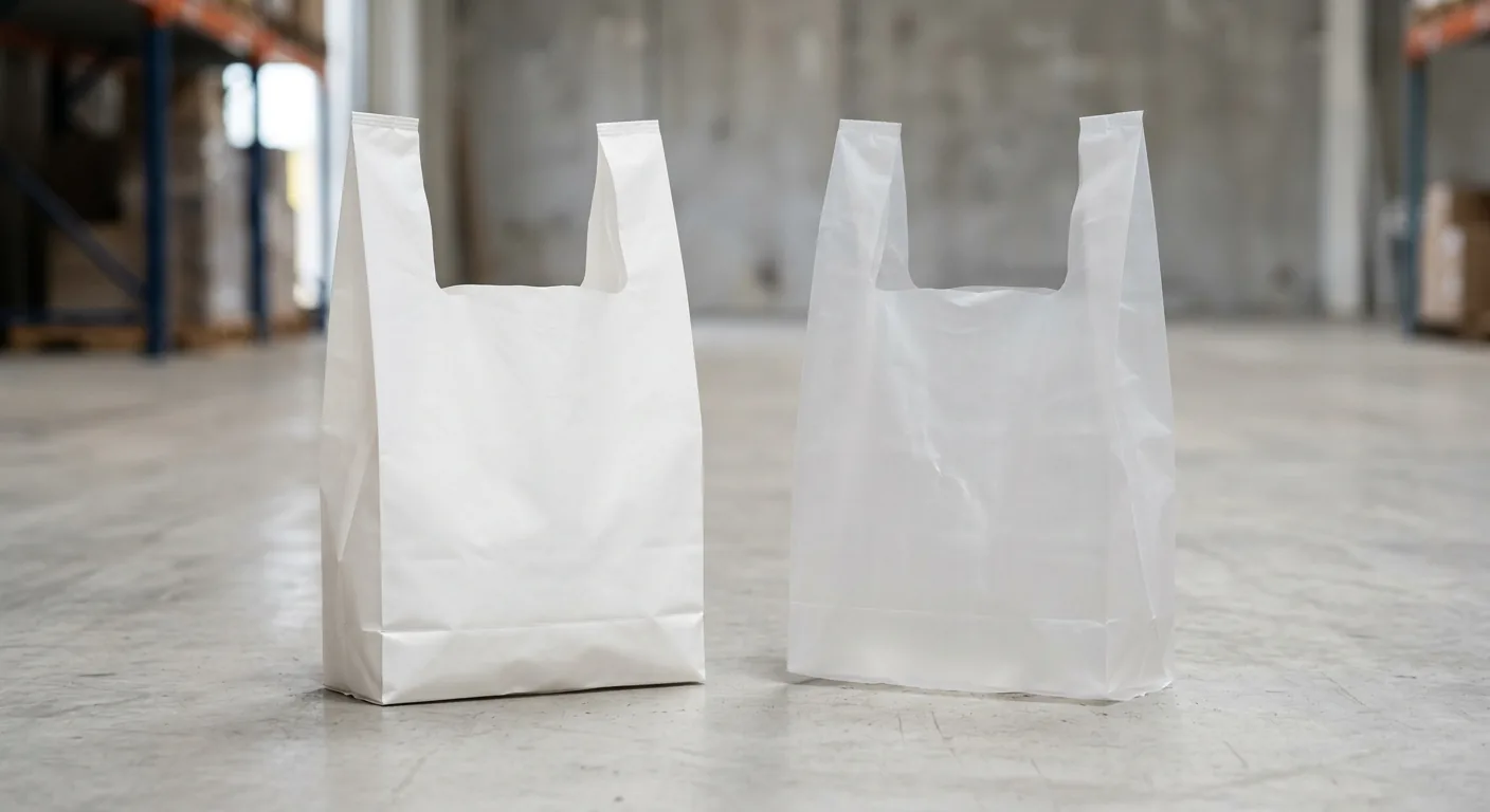 Sacs shopping compostables à bretelles blanc et transparent, aspect sobre et professionnel